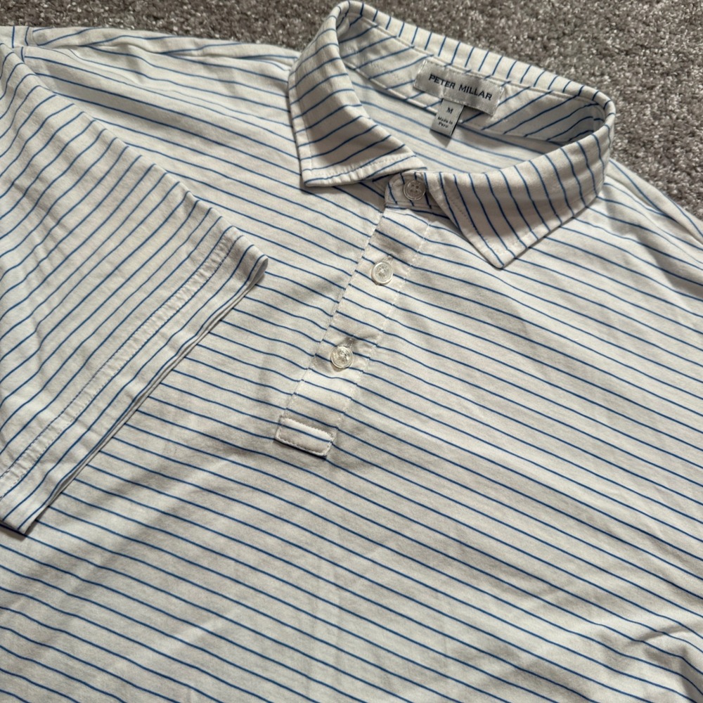 Peter Millar Polo Shirt Mens M White Blue Striped Pima Cotton Golf Clearwater NZ